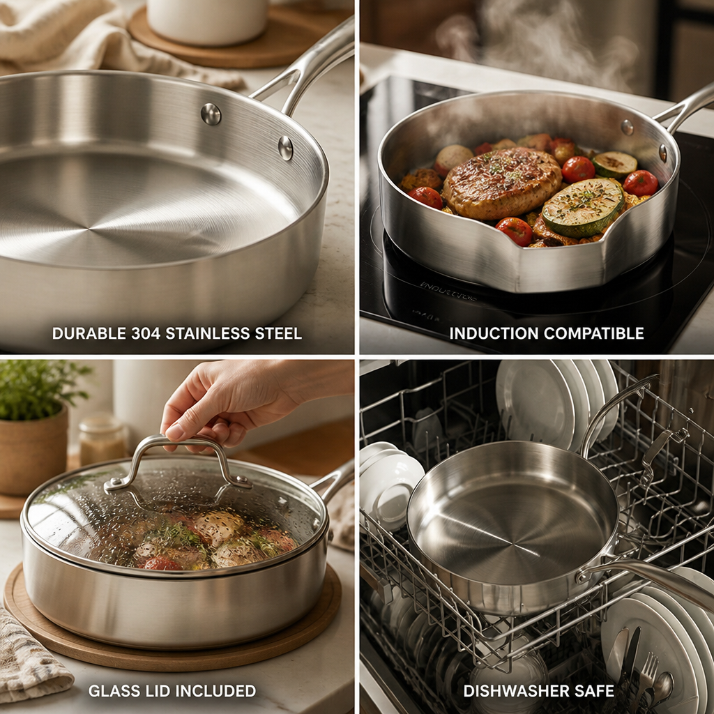 304 Stainless Steel Saute Pan with Glass Lid