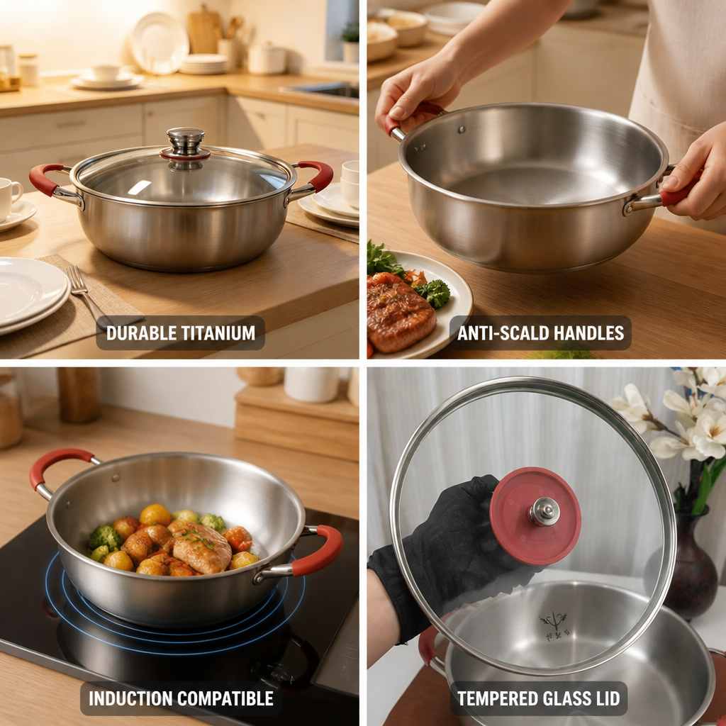 Durable Titanium Induction-Compatible Frying Pan (30 cm, Anti-Scald Handles)