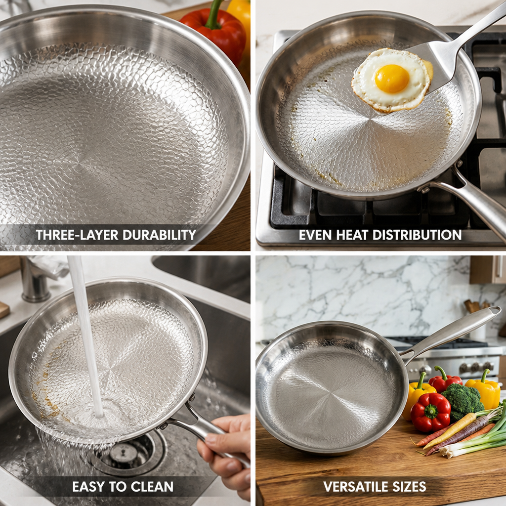 Three-Layer Hammered Stainless Steel Frying Pan (Multiple Sizes)
