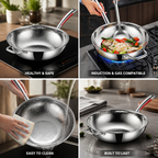 Uncoated SUS304 Stainless Steel Wok Pan (30 cm Flat Bottom)