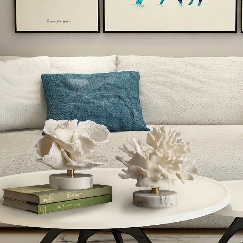 Ocean Harmony Coral Art with Marble Stand - Elegant Resin Decor