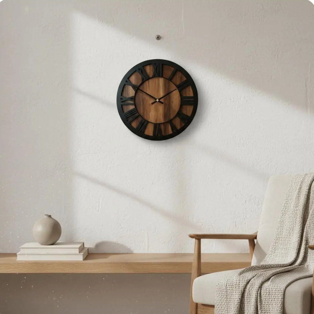 Classic Elegance Black Metal & Walnut Wall Clock with Silent Functionality