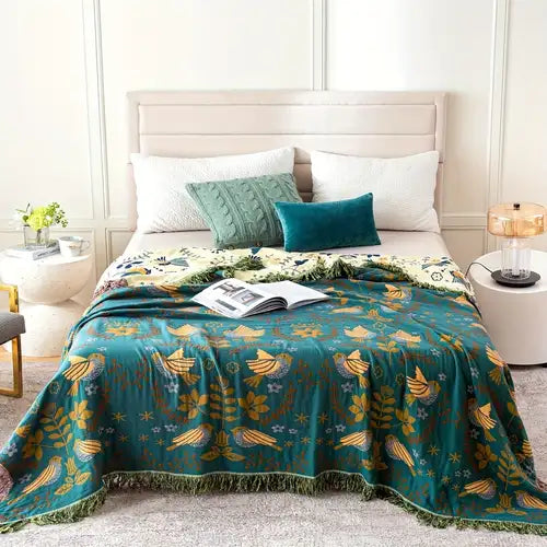 Charming Reversible Cotton Throw Blanket with Elegant Bird Motif