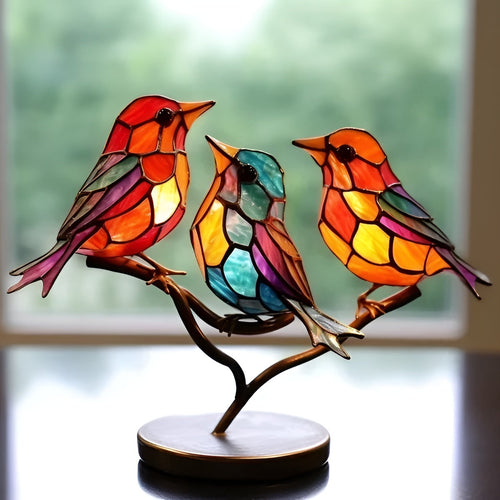 Birds Figurine in Colored Glass Design on Metal Branch Display