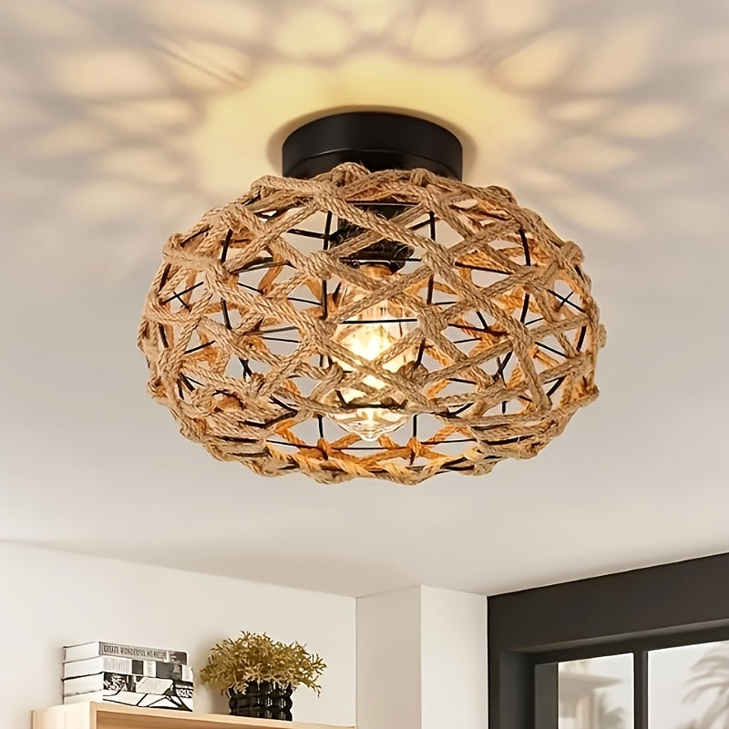 Rustic Handwoven Ceiling Light – Bohemian Hemp Rope Flush Mount