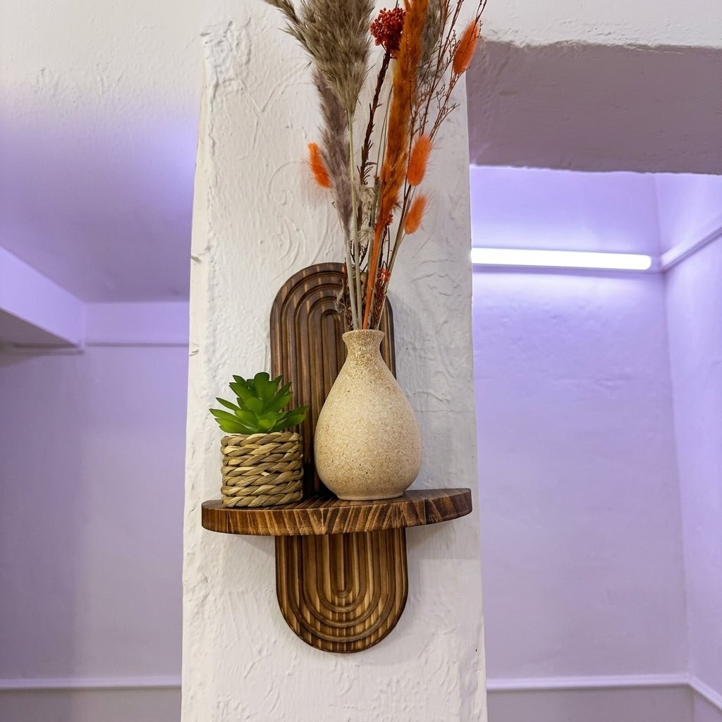 Set of 2 Floating Wood Wall Shelves with Curved Grooved Back