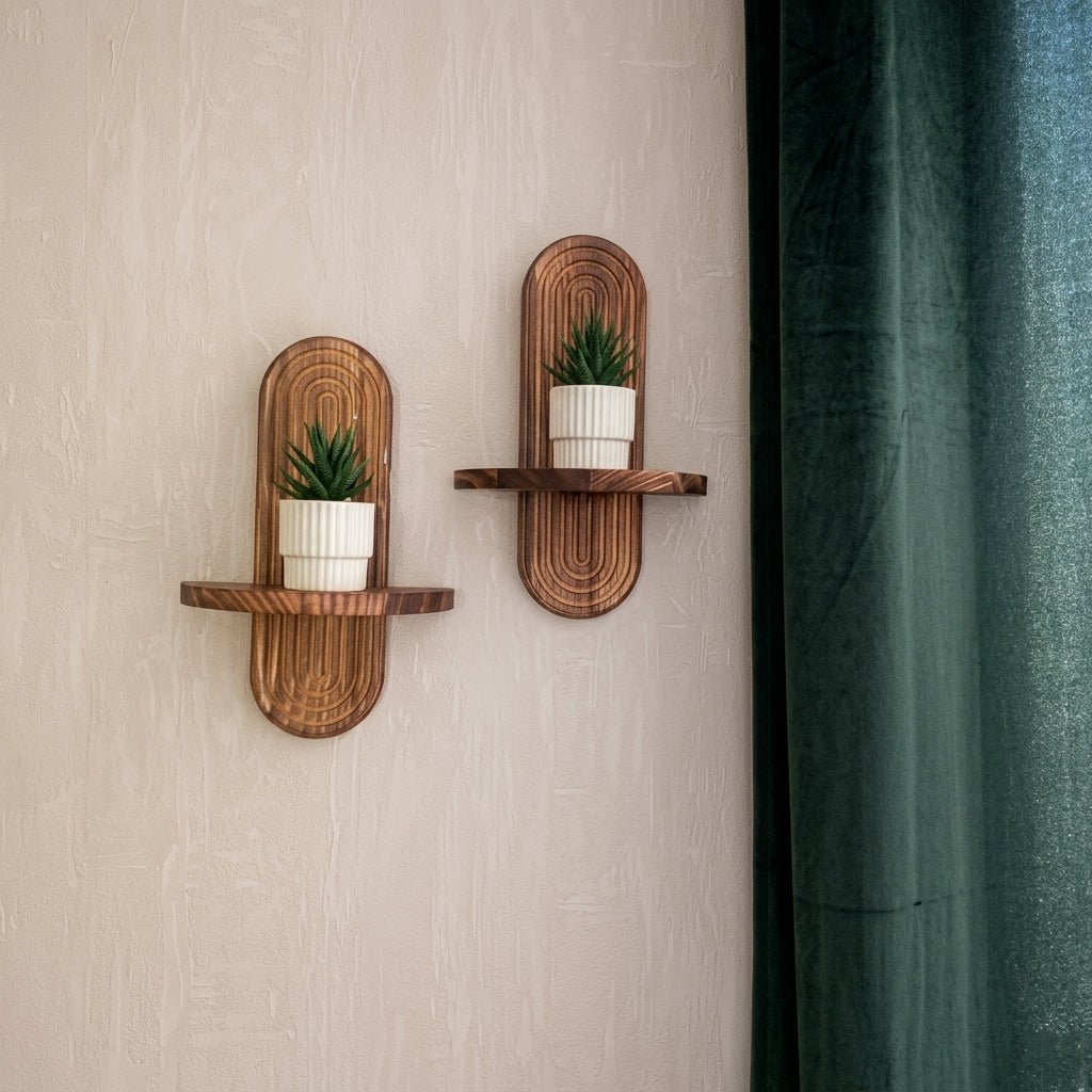Set of 2 Floating Wood Wall Shelves with Curved Grooved Back
