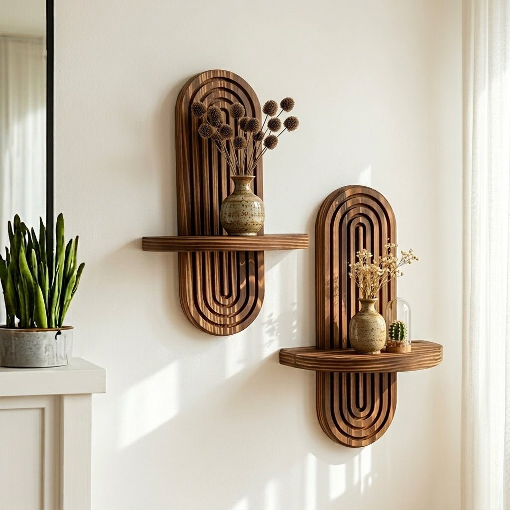 Set of 2 Floating Wood Wall Shelves with Curved Grooved Back