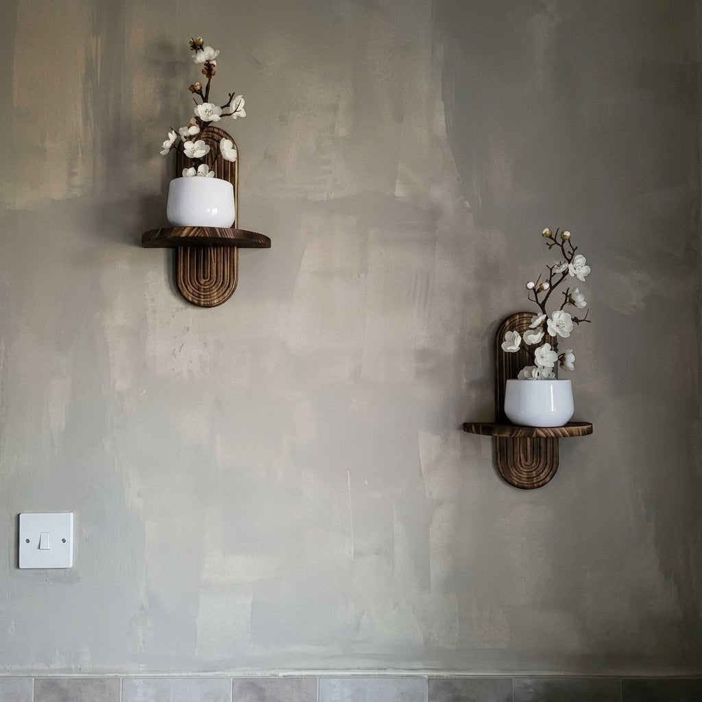 Set of 2 Floating Wood Wall Shelves with Curved Grooved Back