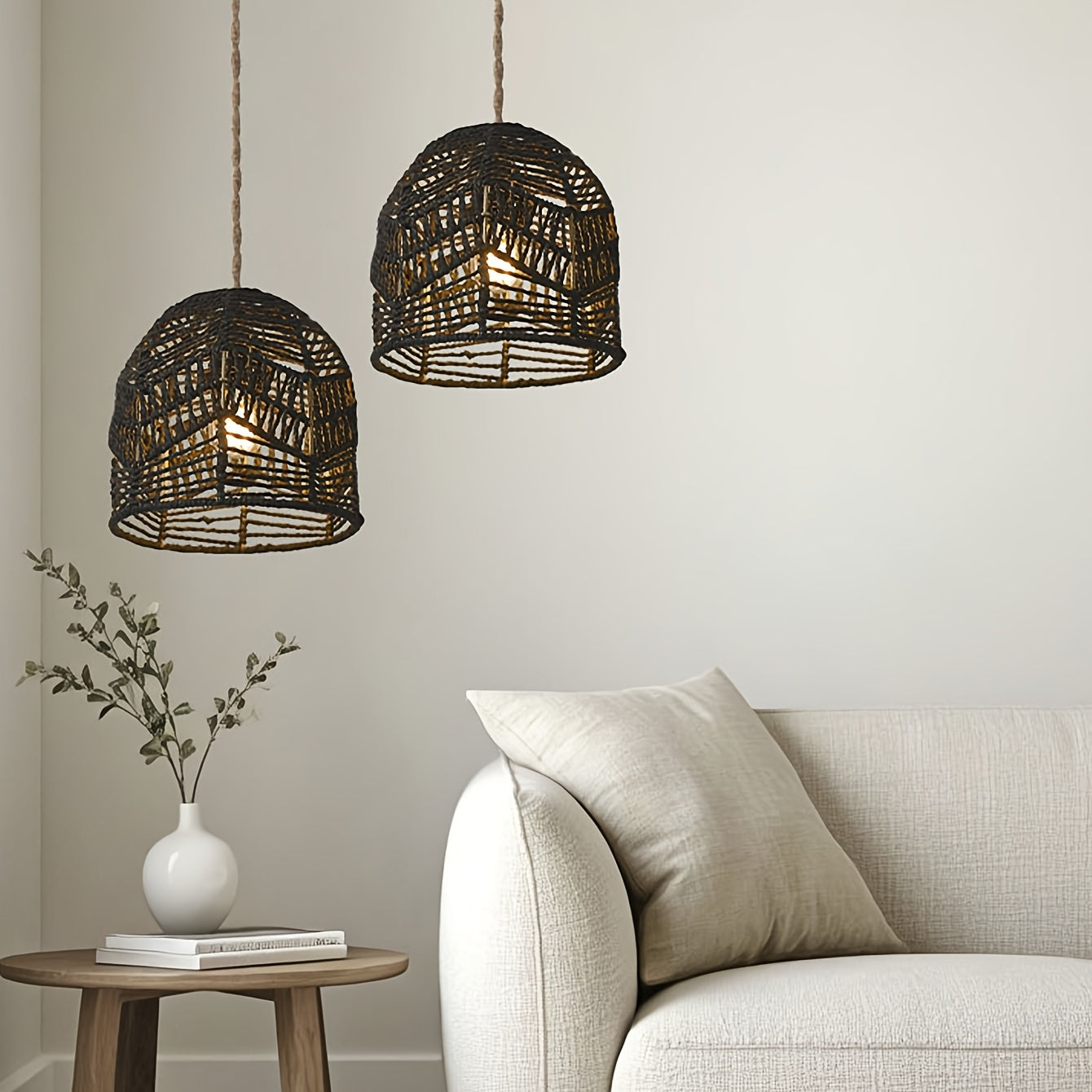 Rustic Chandelier with Handwoven Rope Pendant Shade