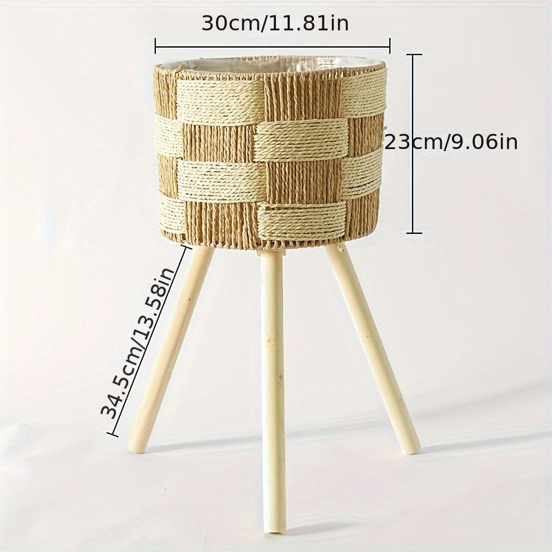 Handcrafted Rattan Planter with Wooden Legs - Bohemian Bamboo Flower Stand