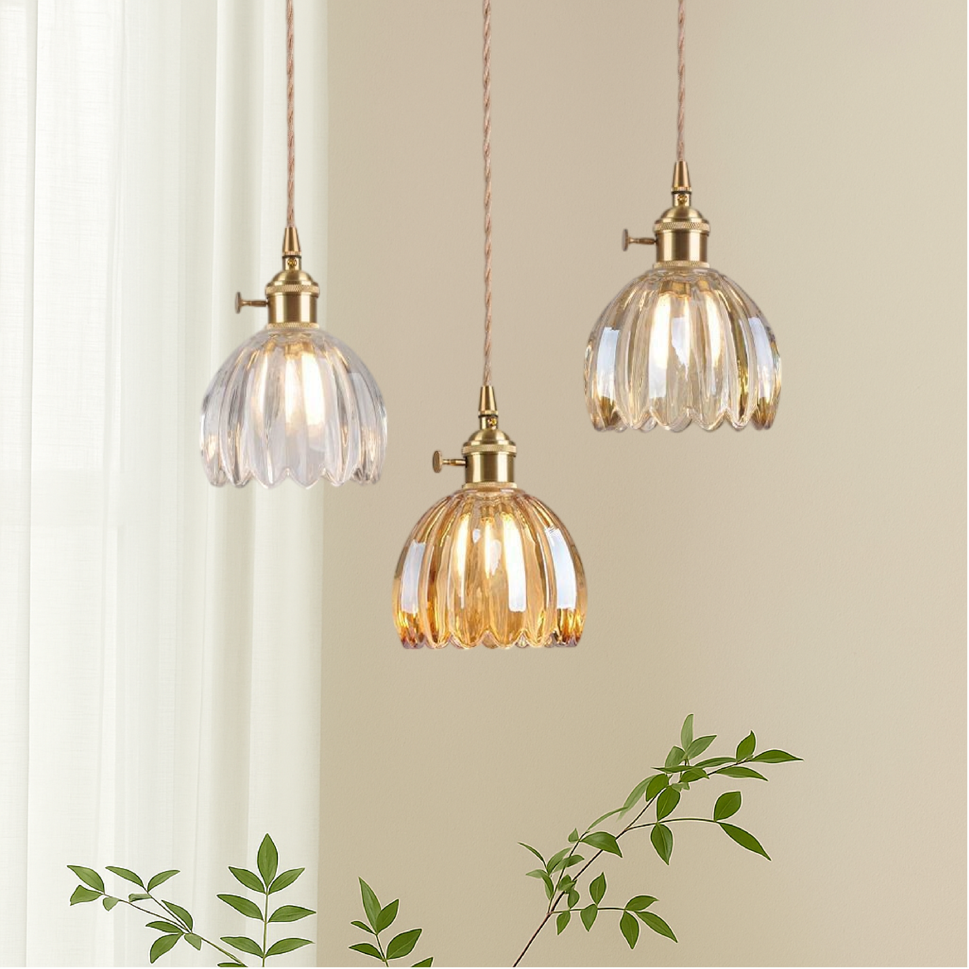 Ribbed Glass Pendant Lamp in Japanese Style
