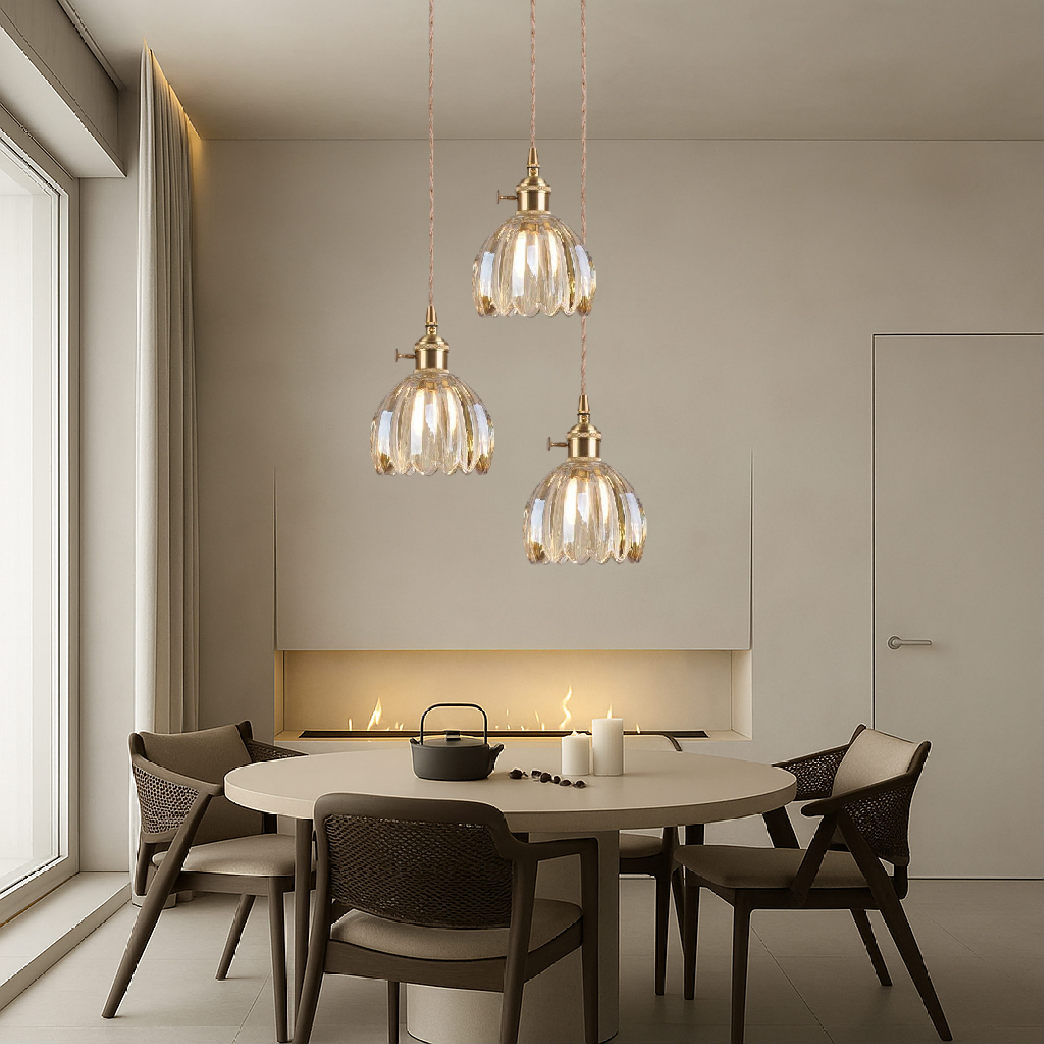 Ribbed Glass Pendant Lamp in Japanese Style