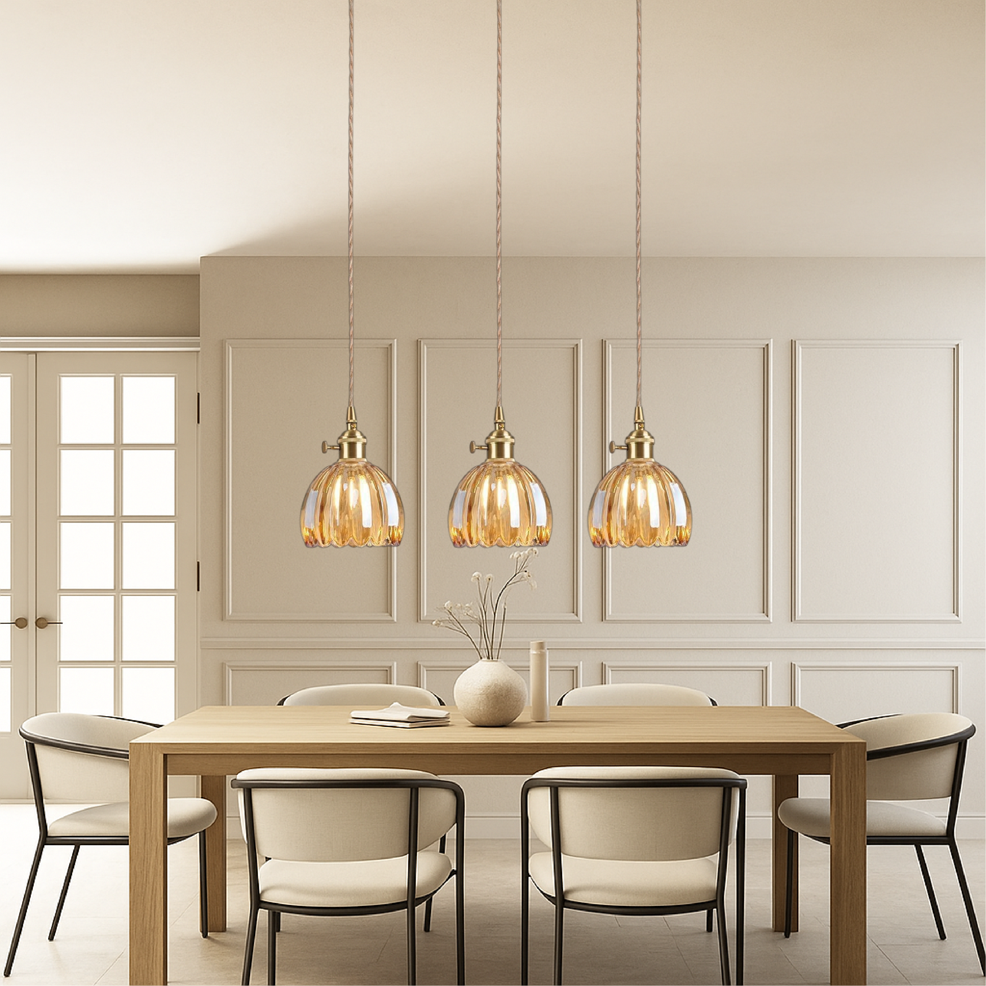 Ribbed Glass Pendant Lamp in Japanese Style