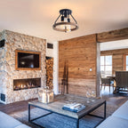 3-Light Semi-Flush Mount Ceiling Fixture with Industrial Wood Ring