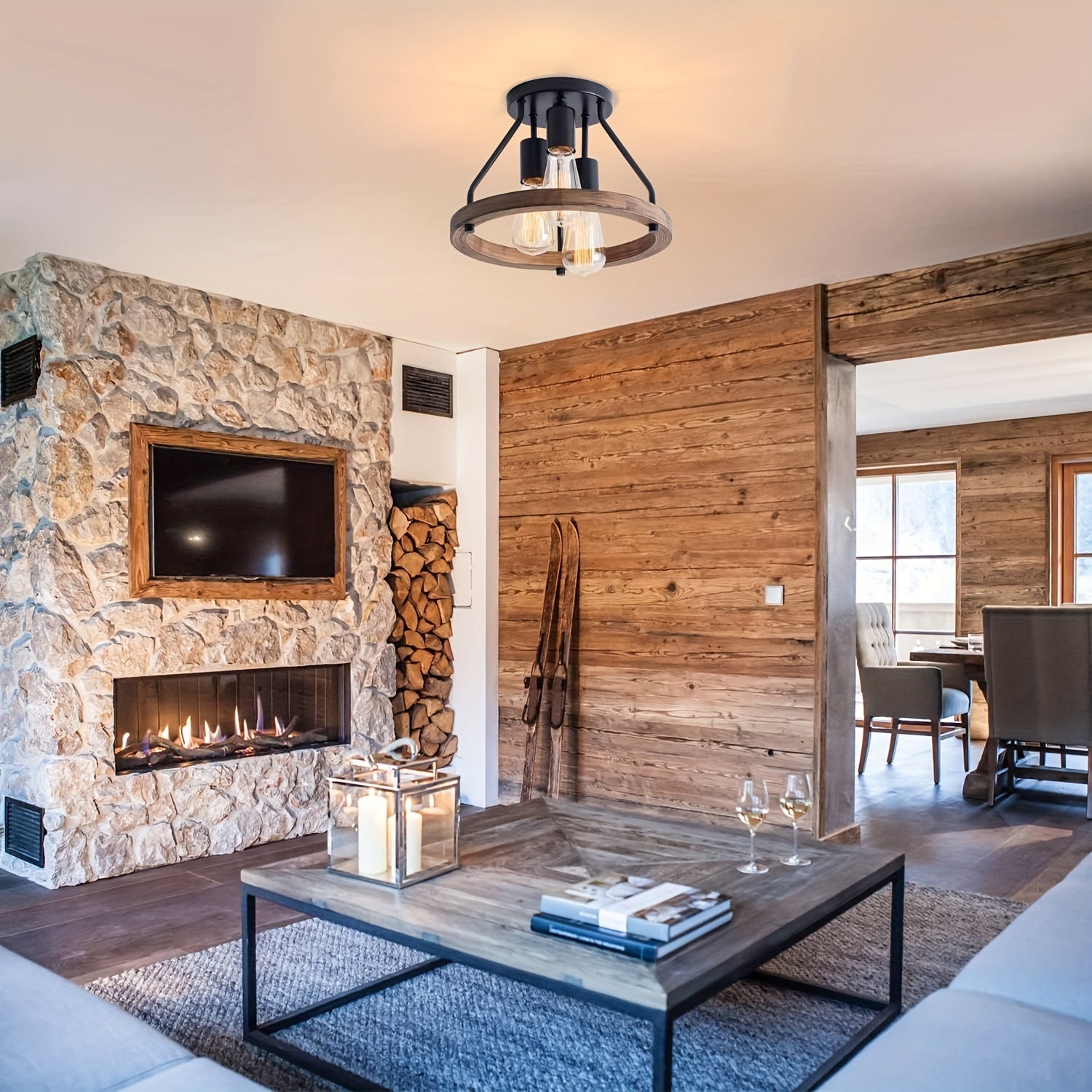 3-Light Semi-Flush Mount Ceiling Fixture with Industrial Wood Ring