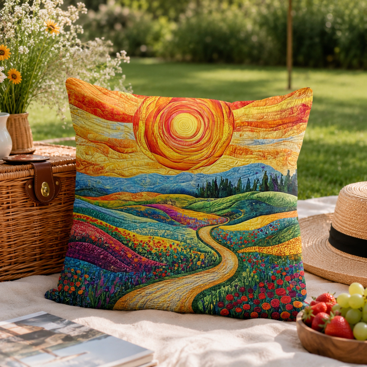 Quilted Cotton-Blend Wildflower Cushion Cover (Envelope Closure)