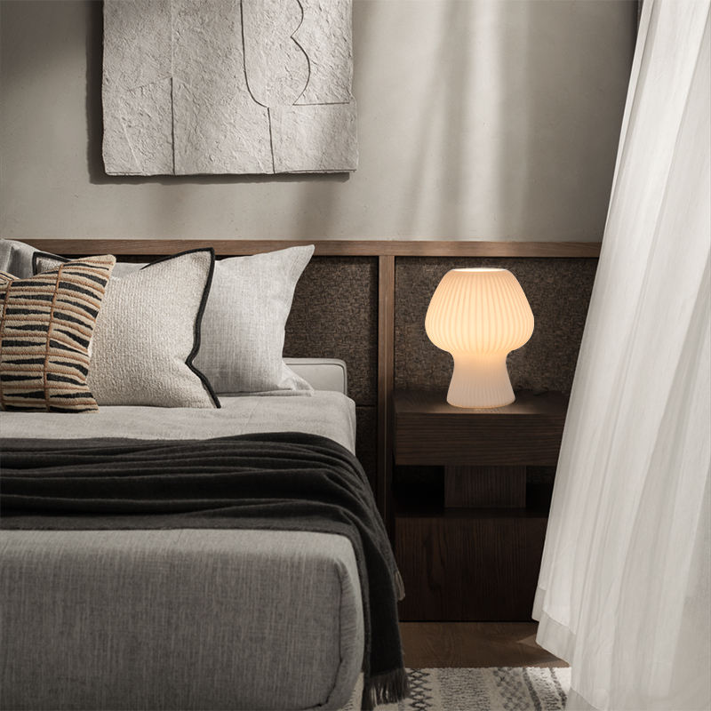 Mushroom-Shaped Glass Lamp – Vintage Ribbed Design for Bedside Use