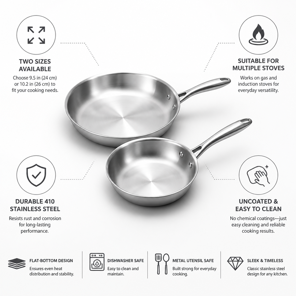 410 Stainless Steel Uncoated Frying Pan (24 & 26 cm)
