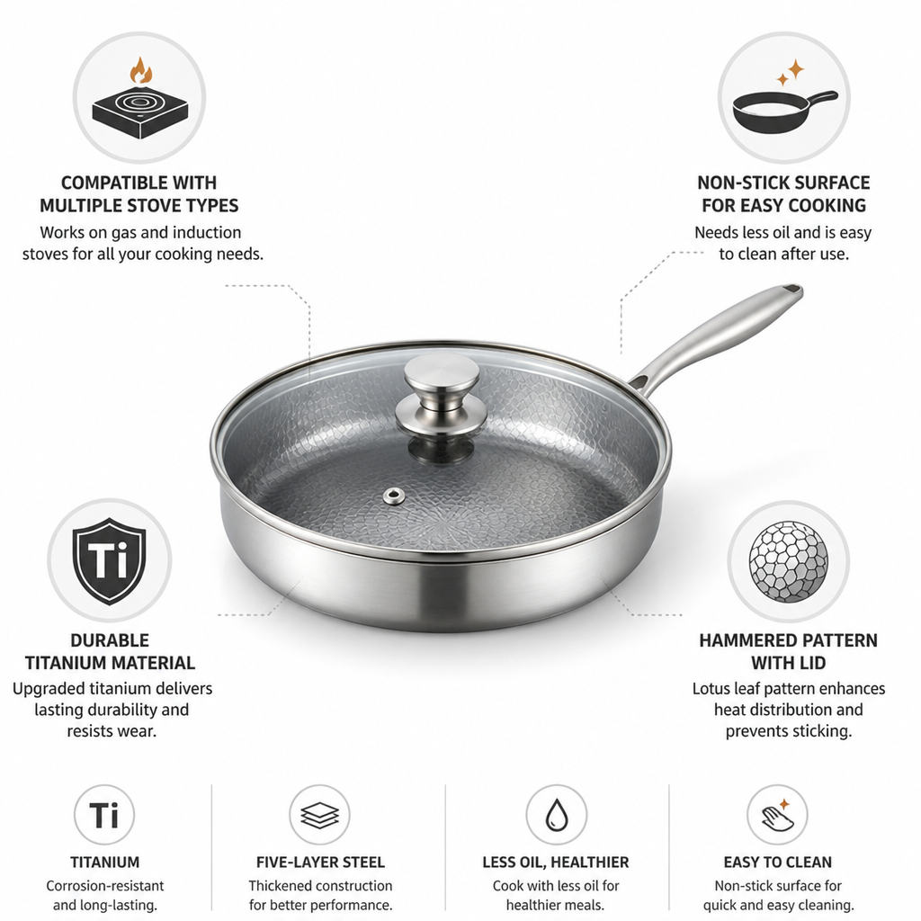 Titanium Non-Stick Flat-Bottom Frying Pan (7.87-Inch, With Lid)