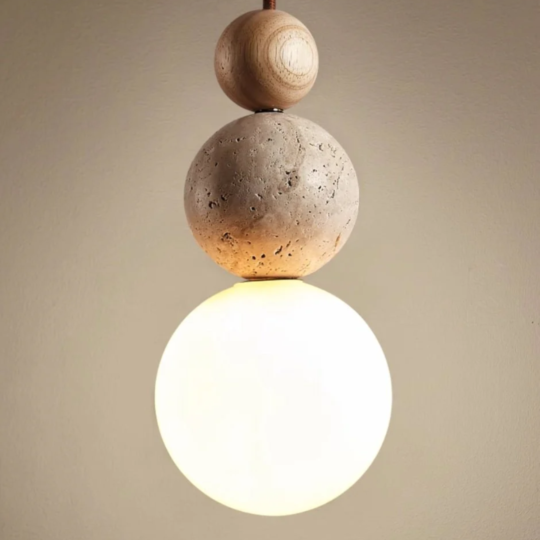 Travertine and Wood Pendant Light with Glass Shade