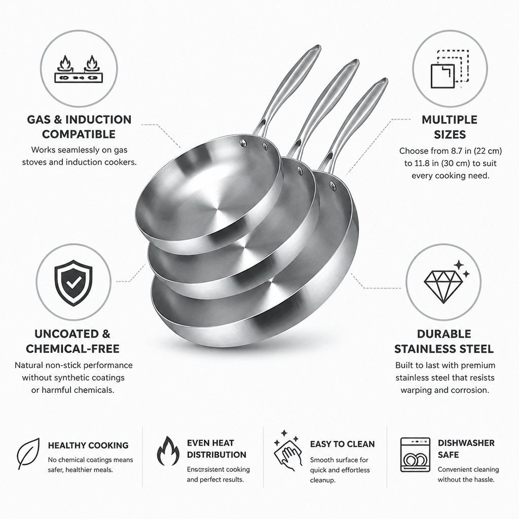 Uncoated Stainless Steel Induction & Gas Compatible Frying Pan (Multiple Sizes)