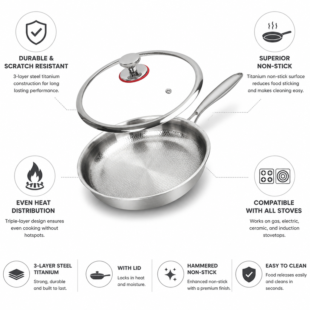 3-Layer Steel Titanium Nonstick Frying Pan (With Lid)