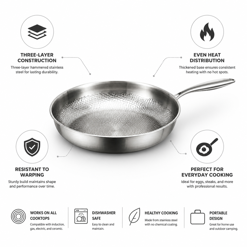 Three-Layer Hammered Stainless Steel Frying Pan (Multiple Sizes)