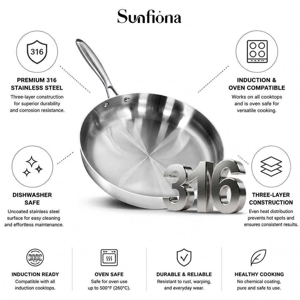 Three-Layer 316 Stainless Steel Frying Pan (Induction & Oven Compatible)