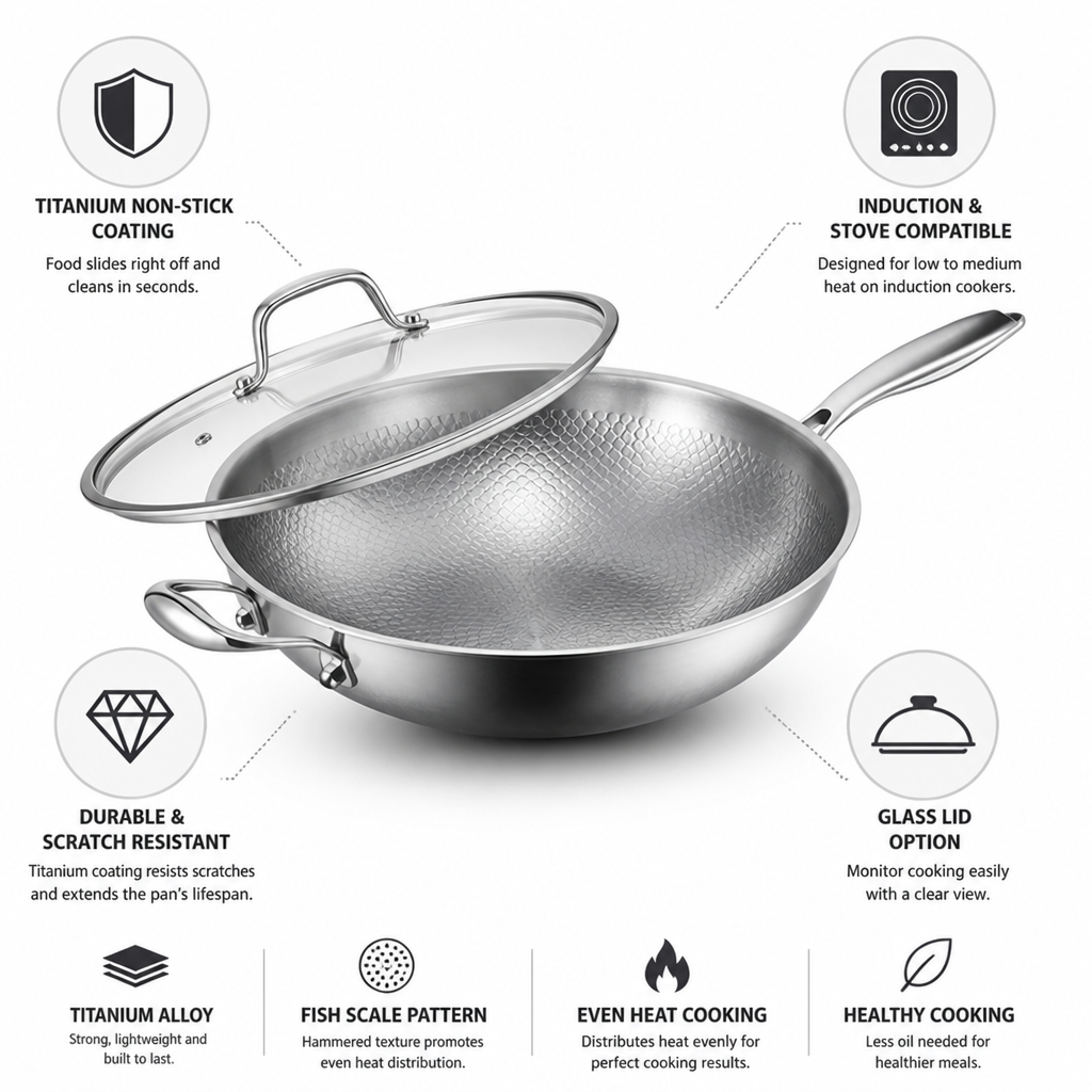 Titanium Non-Stick Hammered Fish-Scale Wok (36 cm)