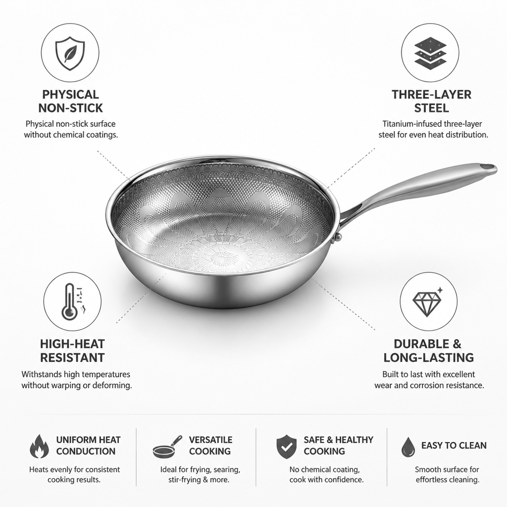 Physical Non-Stick Titanium-Infused Three-Layer Steel Frying Pan