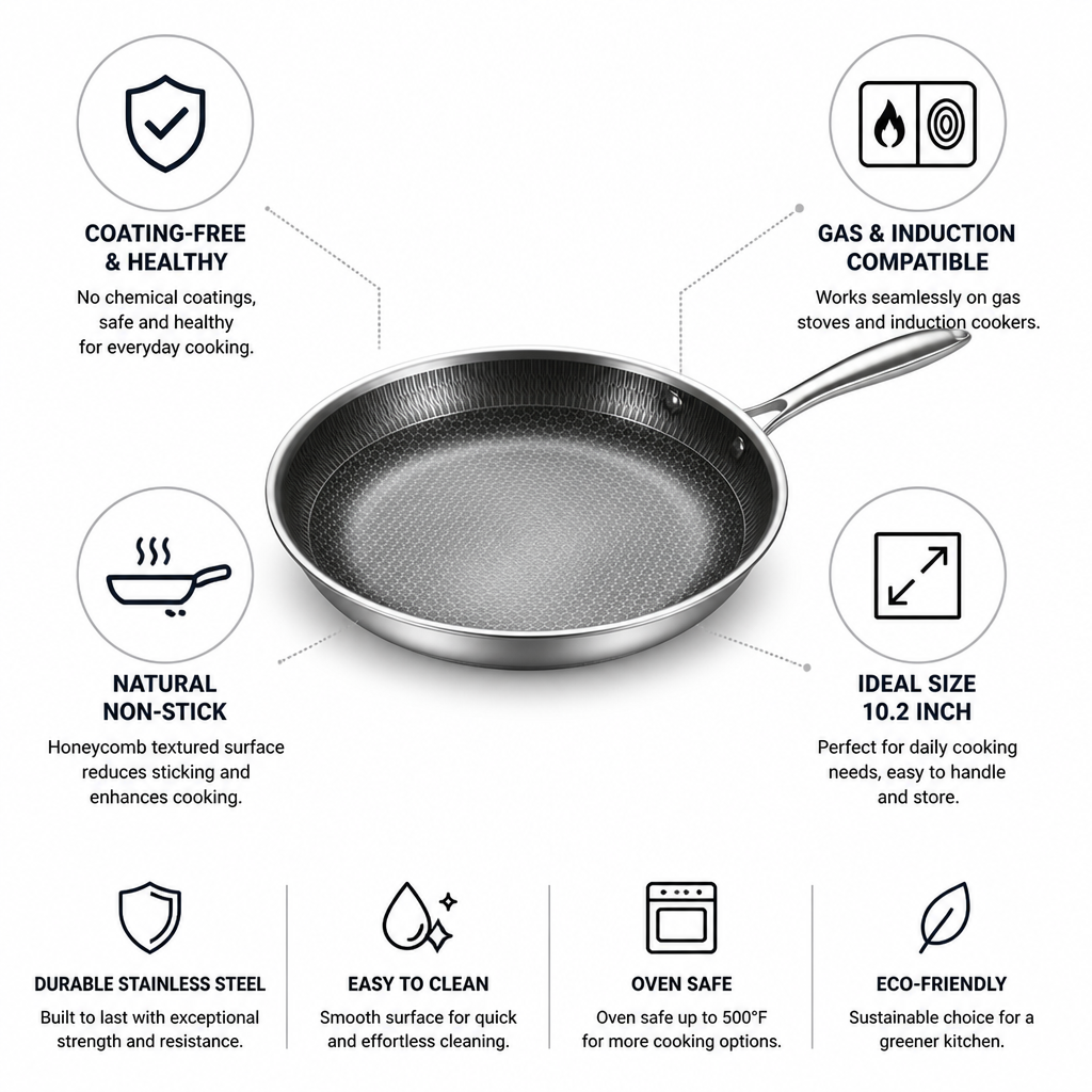 Coating-Free Stainless Steel Wok & Frying Pan (26 cm)