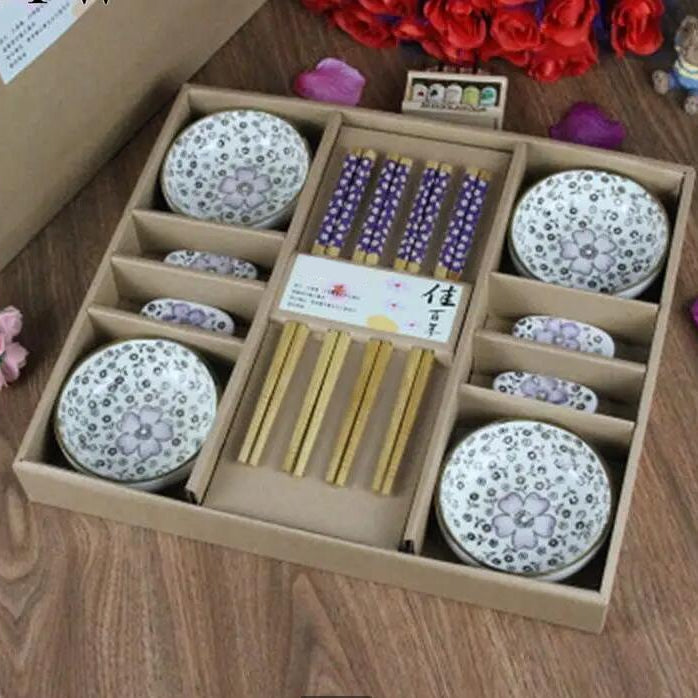 Serenity Blossom 12-Piece Ceramic Dining Set with Chopsticks