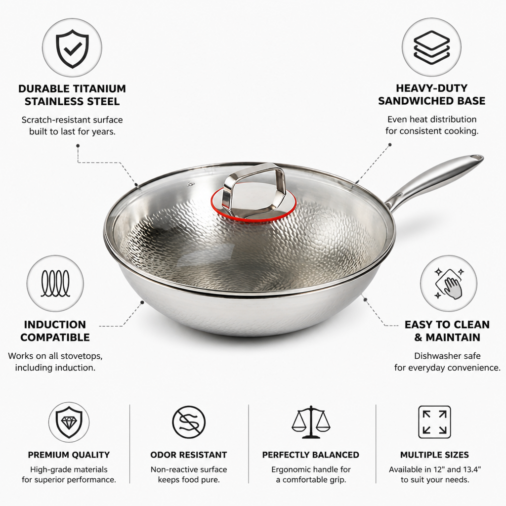 Heavy-Duty Sandwiched Titanium Stainless Steel Wok (Induction Compatible)