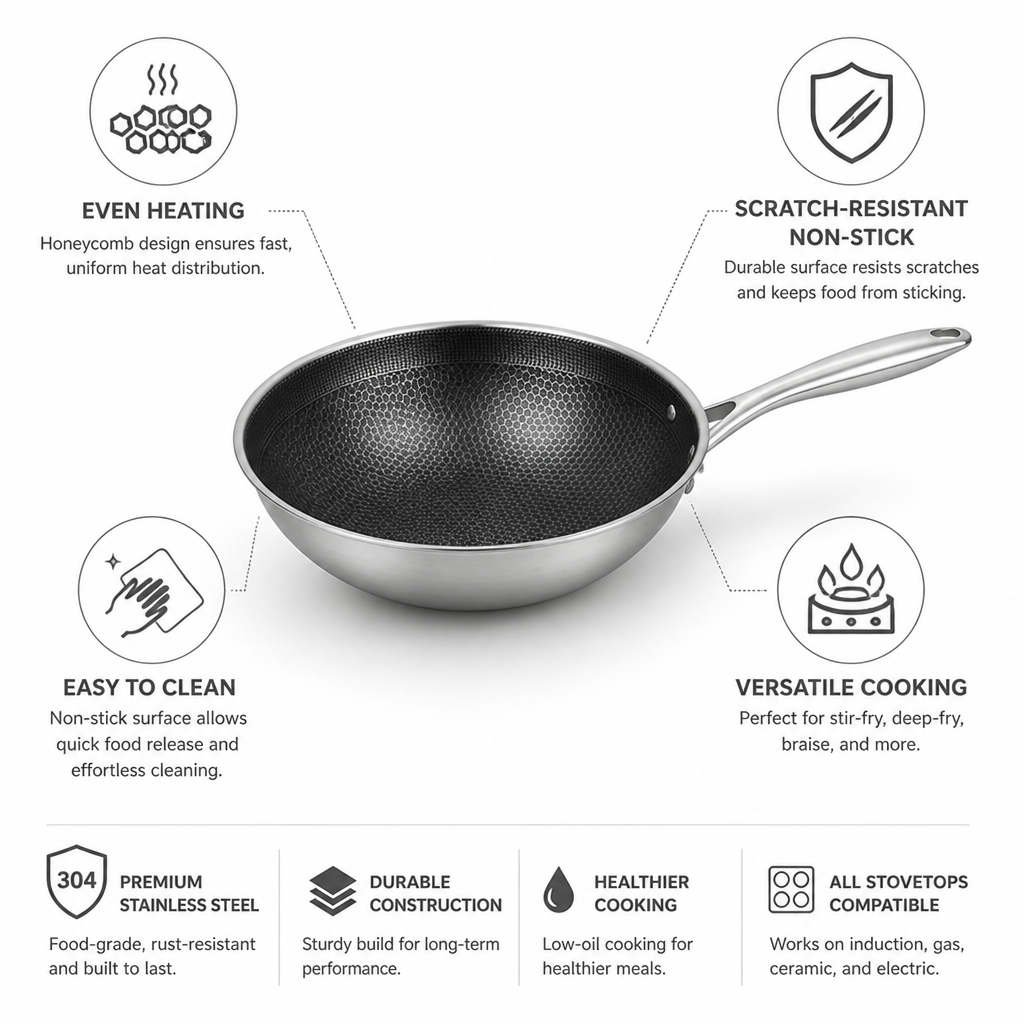 Honeycomb Stainless Steel Scratch-Resistant Non-Stick Wok (30–36 cm)