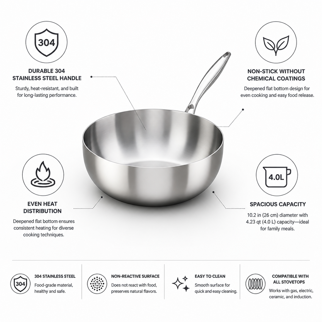 Coating-Free Non-Stick 304 Stainless Steel Frying Pan (26 cm)
