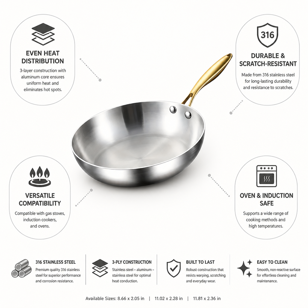 316 Stainless Steel Tri-Ply Frying Pan (Induction & Oven Safe)