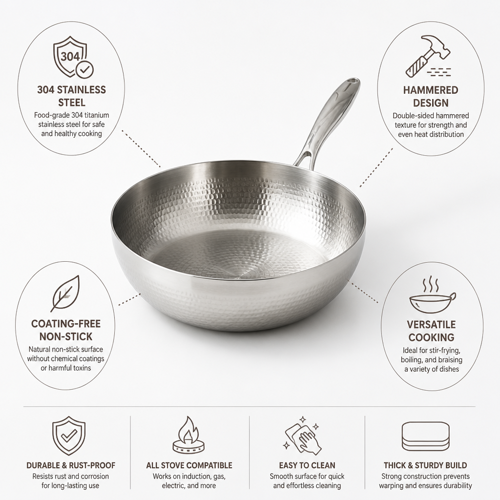 Coating-Free Hammered 304 Stainless Steel Deep Frying Pan