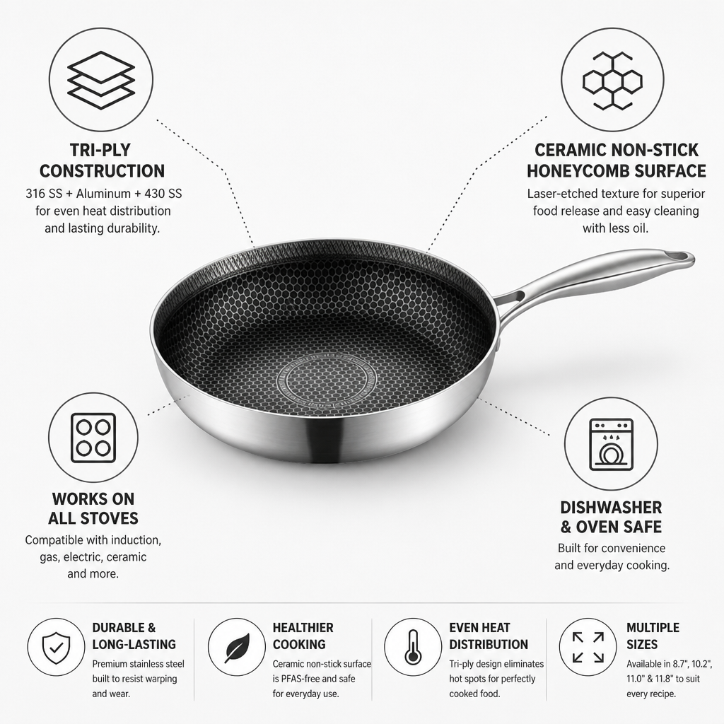 Tri-Ply Stainless Steel Honeycomb Non-Stick Frying Pan (Multiple Sizes)