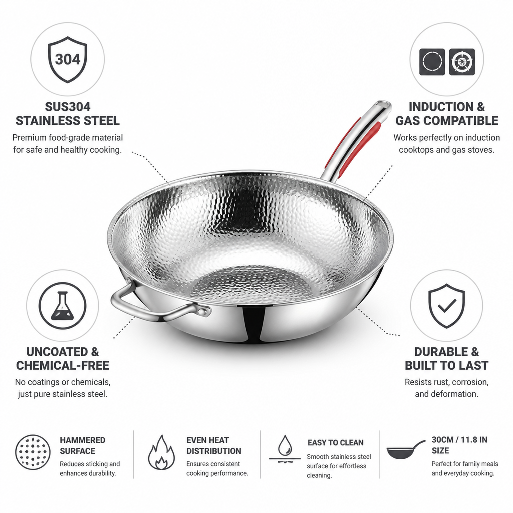 Uncoated SUS304 Stainless Steel Wok Pan (30 cm Flat Bottom)