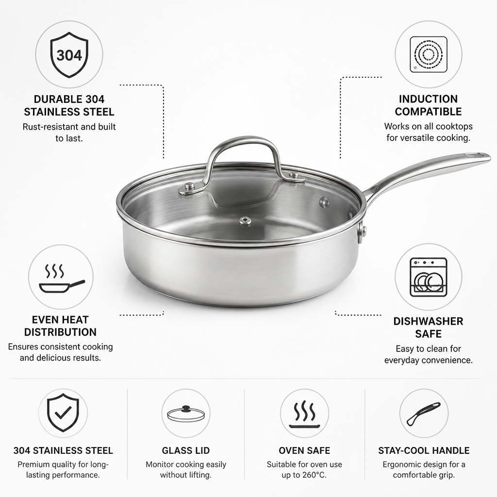304 Stainless Steel Saute Pan with Glass Lid