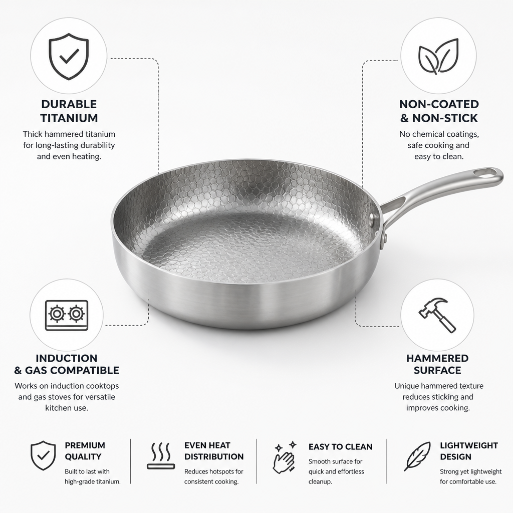 Thick Hammered Titanium Non-Coated Non-Stick Frying Pan (Induction & Gas Compatible)