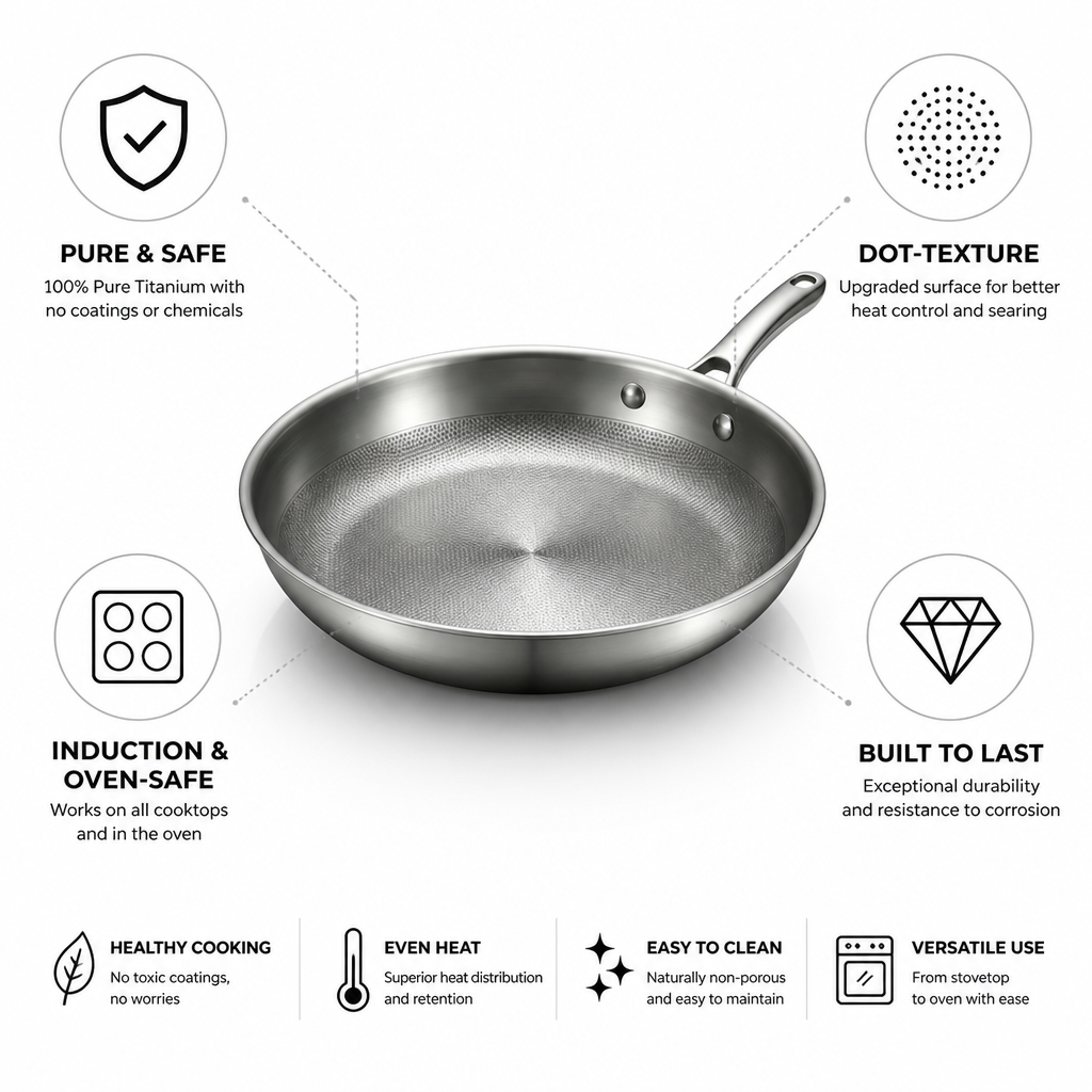 Uncoated Pure Titanium Dot-Texture Frying Pan (Induction & Oven-Safe)