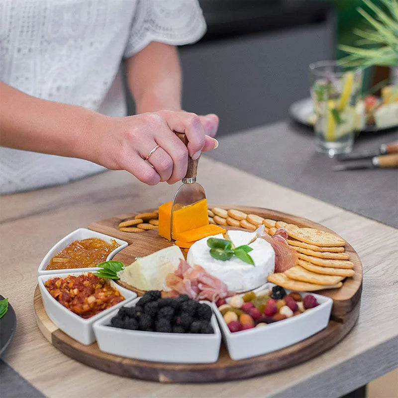 Serving Platter Tray Set with Wooden Cheese Board and Knives