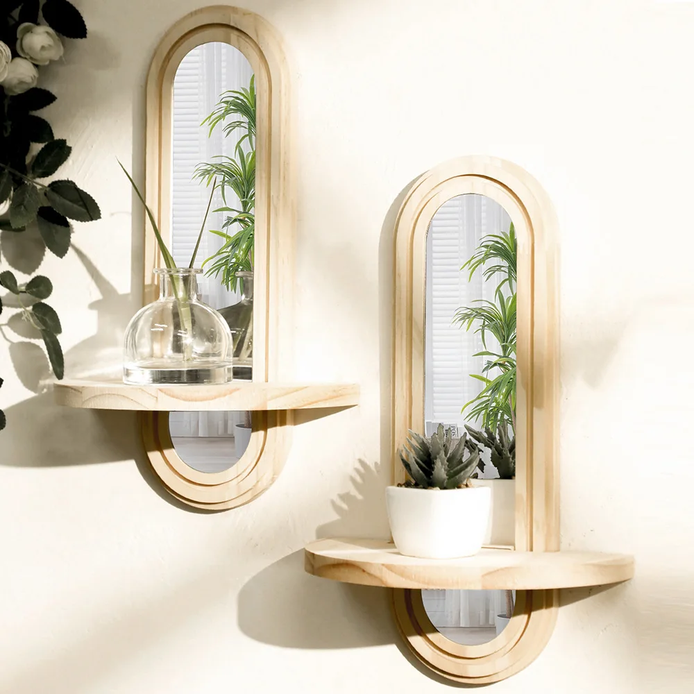 Chic Archway Wall Mirror with Built-In Wooden Display Shelf