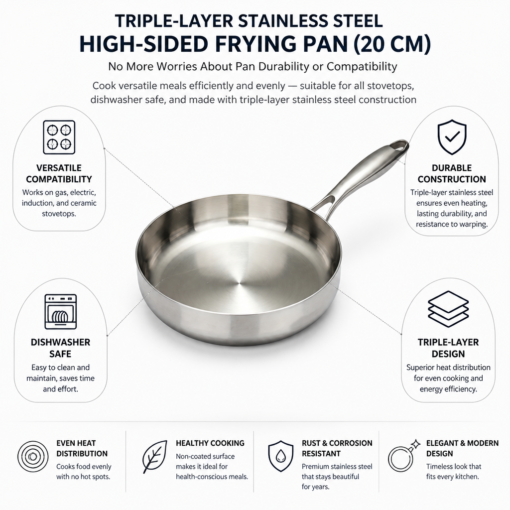 Triple-Layer Stainless Steel High-Sided Frying Pan (20 cm)