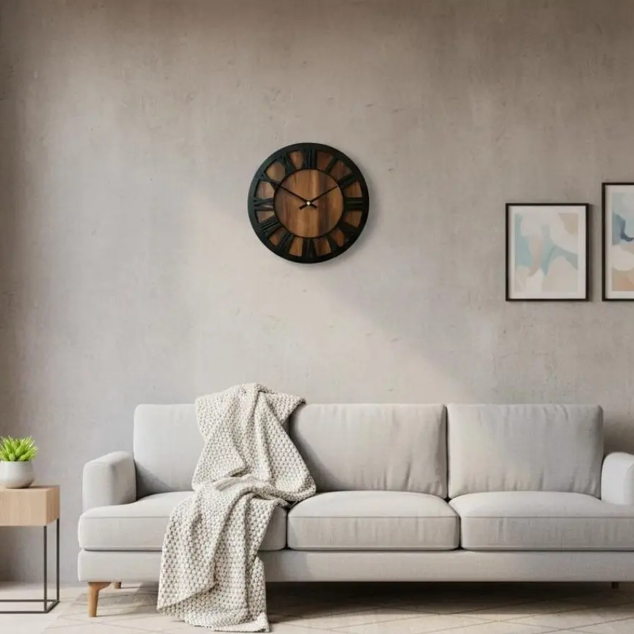 Classic Elegance Black Metal & Walnut Wall Clock with Silent Functionality