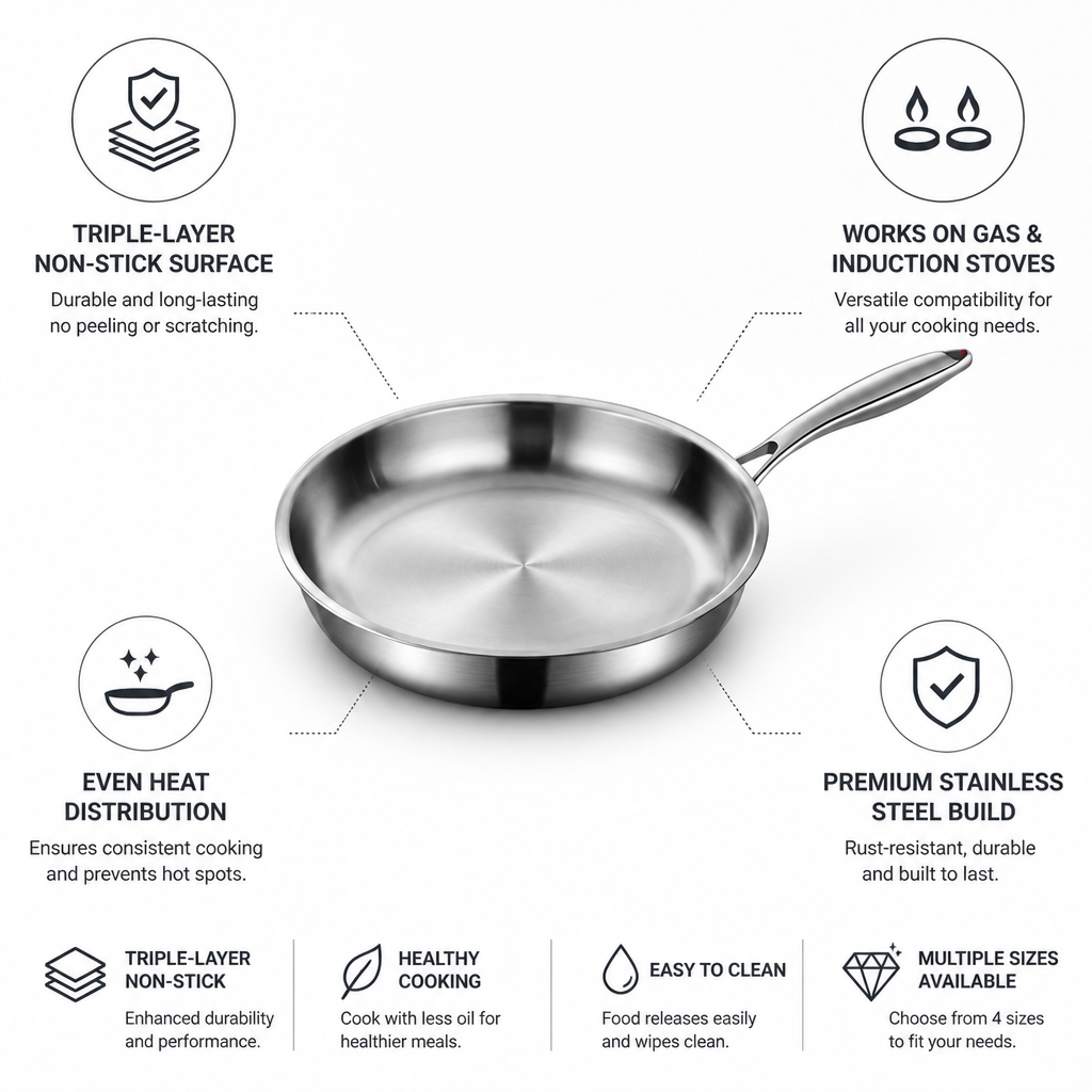 Stainless Steel Triple-Layer Non-Stick Skillet (Multiple Sizes)