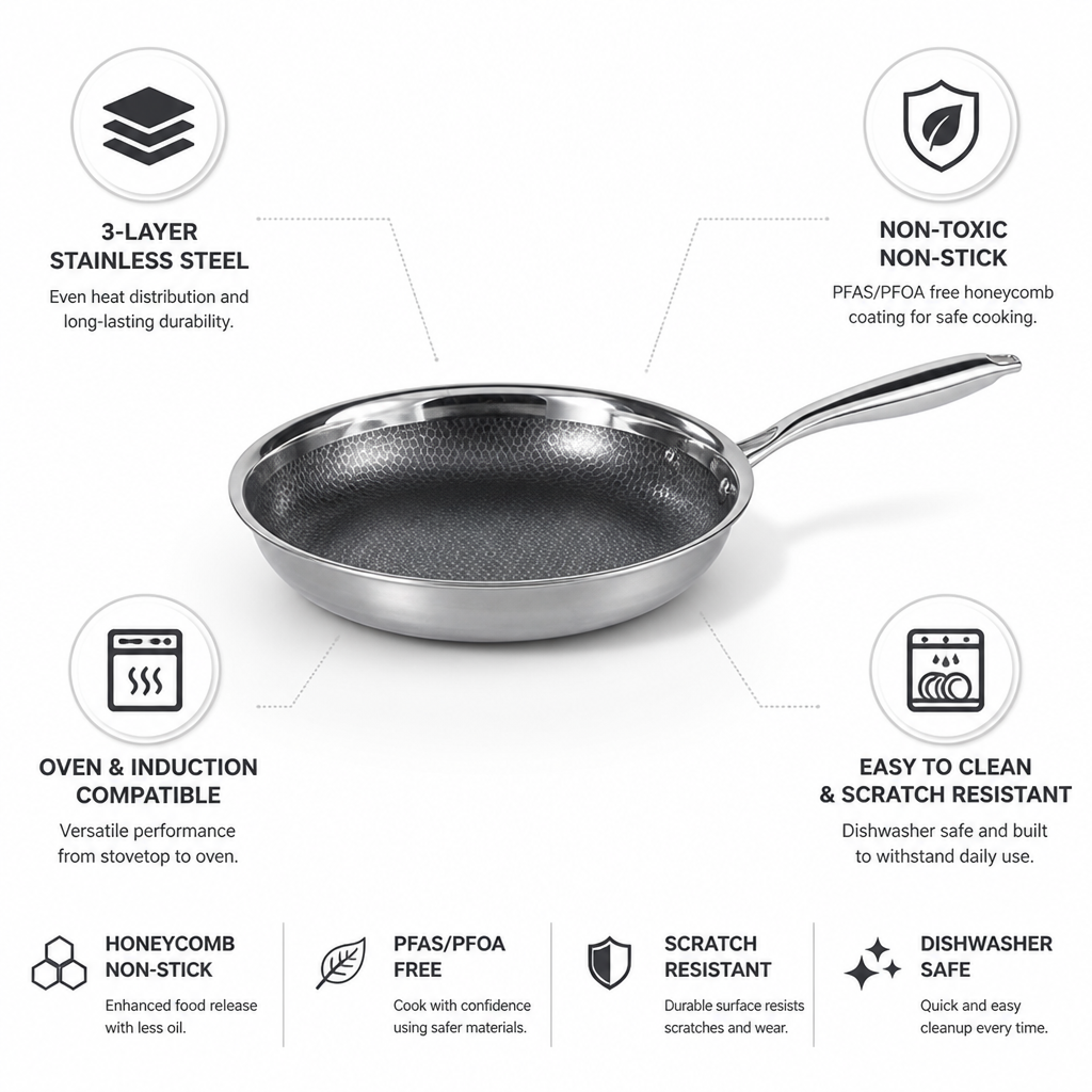 3-Layer Stainless Steel Honeycomb Nonstick Frying Pan