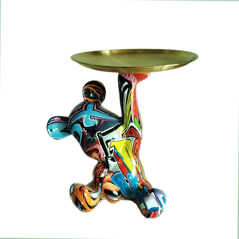 Bear Figurine with Round Tray for Tabletop Decoration
